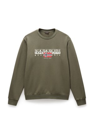 Olive green sweatshirt with a crew neck, featuring a central logo graphic and a Norwegian flag design. Smooth texture and ribbed cuffs.
