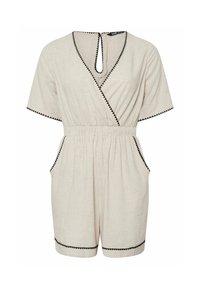 Beige linne romper med svart kant, korta ärmar, omslag fram, elastisk midja och sidfickor. Har en knytning i nacken bak.