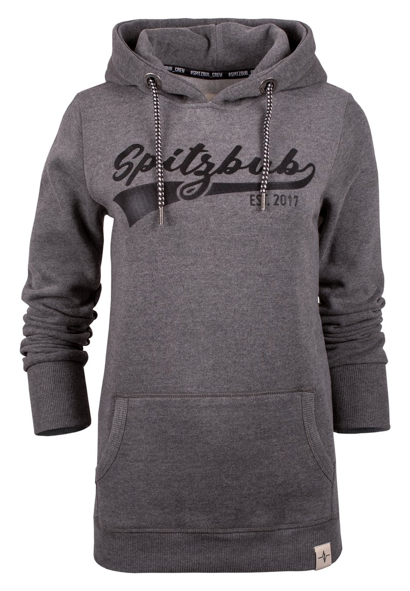 Grijze hoodie van een katoenmengsel. Heeft een voorzak, ribgebreide manchetten en een bedrukte logo met het jaar 2017.