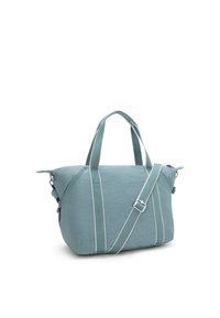 Blue-textured bag with top handles and a long adjustable strap. Features white accent stitching and zipper closure on the side.