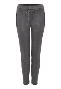 Graue tapered Pants aus weichem Stoff, ausgestattet mit zwei vorderen Reißverschlusstaschen und einem verstellbaren Kordelzugbund.