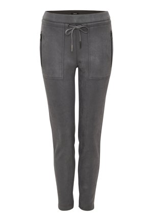 Grijze taps toelopende broek van zacht fabric, met twee voorzakken met rits en een verstelbare trekkoord tailleband.