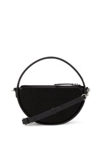 Black handbag with a rounded, half-moon shape. Made from textured material, it features a thin strap and zip closure. Silver hardware accents.