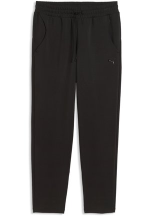 Zwarte Puma joggingbroek met elastische tailleband, trekkoord, zijzakken en klein Puma-logo op linker dij.