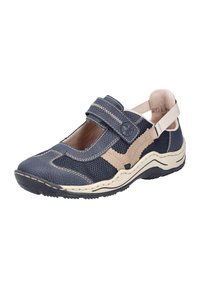Blue mesh shoe with beige accents, a Velcro strap, and a cushioned sole. Features stitching and a rounded toe design.