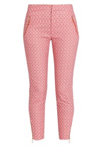 Červené kalhoty se vzorem v diamantovém designu, slim fit, se zipovými bočními kapsami a zipy na kotnících, vyrobené z elastického materiálu.