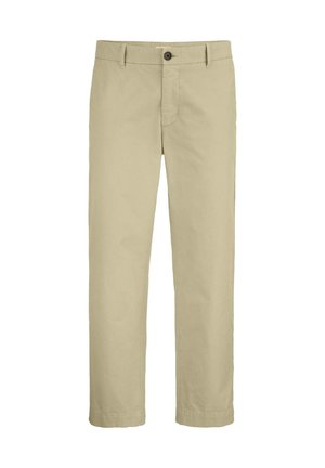 Beige rechte broek met gulp met knoop en rits aan de voorkant, riemlussen en doorgestikte zomen.