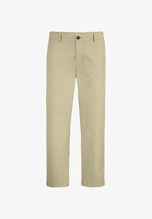 Beige rechte broek met gulp met knoop en rits aan de voorkant, riemlussen en doorgestikte zomen.