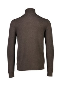 Maglione lavorato a maglia marrone con colletto alto, maniche lunghe e design aderente. Presenta polsini e orlo a costine. Nessun motivo o hardware visibile.