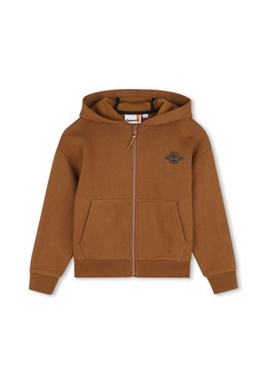 Sweat à capuche marron avec fermeture éclair intégrale, poches avant et petit logo sur la poitrine gauche, conçu pour les enfants.