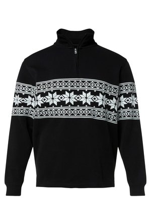 Schwarzer Pullover mit Reißverschluss am Kragen, der ein weißes Schneeflocken- und geometrisches Muster über der Brust zeigt. Weicher Stoff, lange Ärmel und gerippte Bündchen.