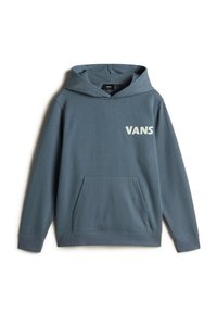Sudadera con capucha en azul apagado, que cuenta con un bolsillo tipo canguro, puños acanalados y el texto "VANS" impreso en blanco en el pecho.