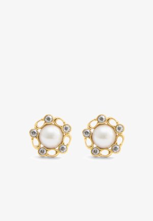 Gold-tone stud earrings featuring a central white pearl surrounded by clear rhinestones in an ornate, looped design.