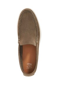 Brown suede slip-on shoe with contrasting white stitching, rounded toe, and a smooth leather lining. Flat rubber sole.
