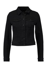 Svart denimjacka med en figurnära design, knappstängning, två bröstfickor och långa ärmar. Slät textur och kort längd.