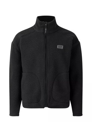 Zwarte fleecejack met rits, hoge kraag, gestructureerde stof, twee voorzakken en klein rechthoekig Dare 2b-logo op de borst.
