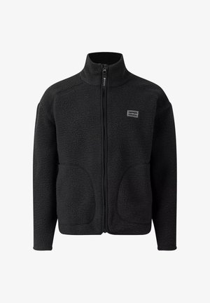 Veste polaire noire zippée avec col haut, tissu texturé, deux poches avant et petit logo rectangulaire Dare 2b sur la poitrine.