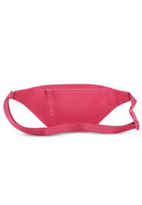 Marsupio fanny pack di colore rosa con tasca frontale con zip, cinturino regolabile e una superficie liscia; design leggero e compatto.