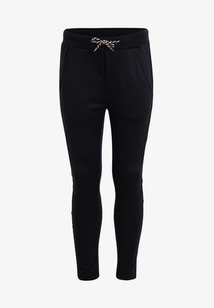 Czarne, dopasowane spodnie z elastycznym pasem i białym sznurkiem, wyposażone w boczne kieszenie i gładką fakturę.