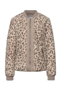 Veste en polaire beige et marron à imprimé léopard avec fermeture éclair à l'avant, col et poignets côtelés, et poches latérales zippées.