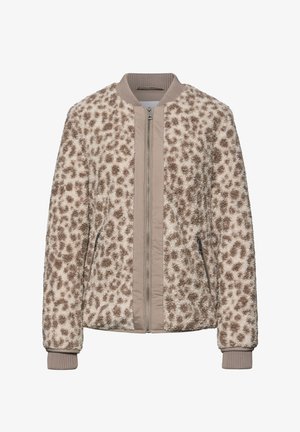 Beżowo-brązowa bluza z polaru w panterkę z przednim zamkiem, ściągaczem przy kołnierzu i mankietach oraz zamykanymi na zamek kieszeniami bocznymi.