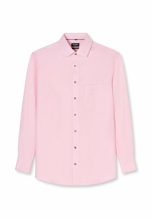 Hellrosa langärmliges Hemd mit Knopfleiste, Brusttasche, klassischem Kragen und geknöpften Manschetten, dargestellt vor weißem Hintergrund.