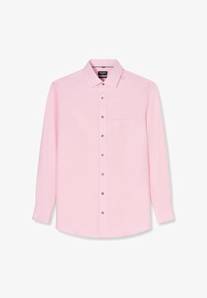 Hellrosa langärmliges Hemd mit Knopfleiste, Brusttasche, klassischem Kragen und geknöpften Manschetten, dargestellt vor weißem Hintergrund.
