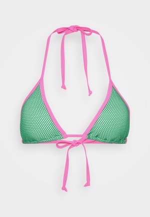 Grünes Netz-Bikini-Top mit pinken Akzenten, in dreieckiger Form und mit Bindebändern am Hals und Rücken für eine verstellbare Passform.