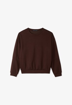 Felpa marrone realizzata in tessuto morbido, con colletto rotondo, maniche lunghe e orlo aderente per una silhouette rilassata.