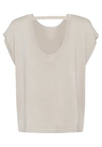 Haut court beige clair à manches courtes avec un large décolleté arrondi et un dos ouvert. Le tissu a un léger éclat et une texture lisse.