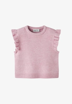 Roze gebreide trui met een ronde halslijn, ribbels aan de onderkant en korte mouwen met ruches. Soepele textuur en casual ontwerp.