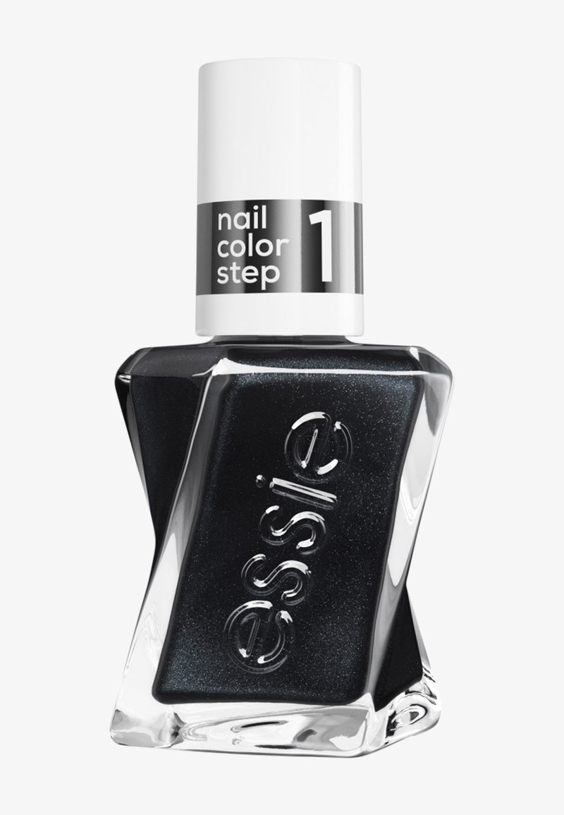Flacon de vernis à ongles Essie noir avec design carré torsadé, bouchon blanc portant l'inscription "coloration des ongles étape 1".