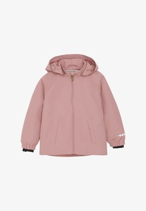 Rosa wasserdichte Jacke mit Kapuze, frontalem Reißverschluss, elastischen Bündchen und seitlichen Taschen. Verfügt über eine glatte Textur und ein minimalistisches Design.