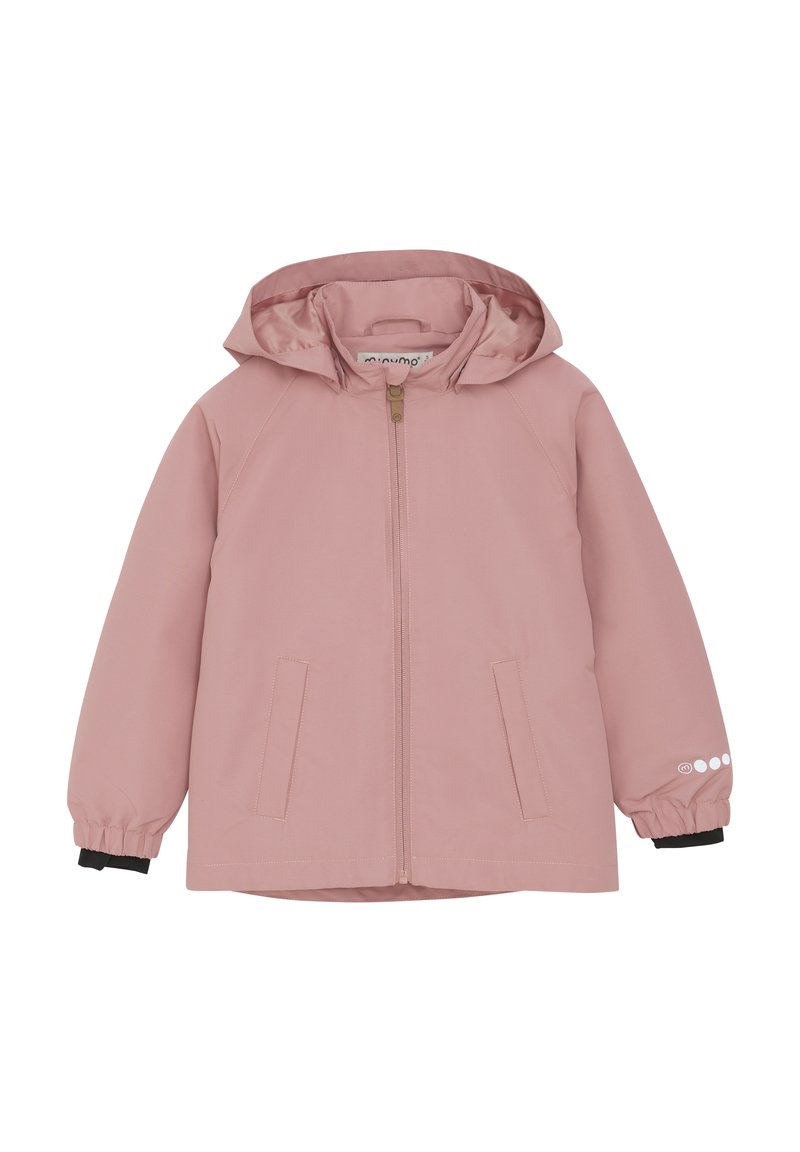 Rosa vattentät jacka med huva, frontdragkedja, elastiska ärmslut och sidofickor. Har en slät yta och minimalistisk design.