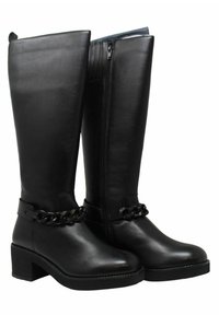 Stivali alti neri in pelle con tacco chunky, caratterizzati da una catena decorativa lungo la caviglia e una cerniera laterale per una facile calzata.