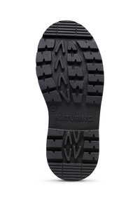 Suola di scarpa in gomma nera con un motivo di battistrada testurizzato caratterizzato da forme variabili, tra cui triangoli e scanalature; contrassegnata con "NATURINO" e taglia "24."