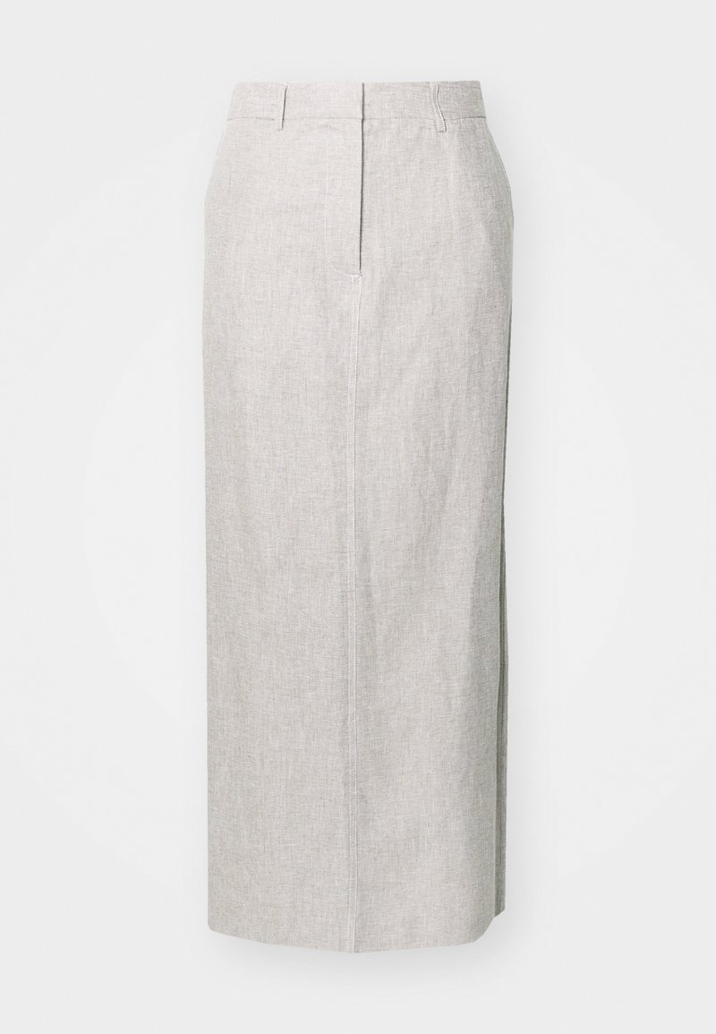 Lichtgrijze, knielange kokerrok van textuurstof, met een aangesloten taille, subtiele naaddetails en zonder zichtbare sluitingen.