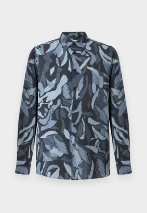 Long-sleeve shirt made of soft fabric featuring a dark blue base with abstract light blue leaf-like patterns, button-down front, and collared neck.