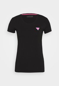 Zwarte T-shirt met korte mouwen en een ronde hals. Bevat een klein roze driehoeklogo op de bovenste linkerborst. Glad textuur.