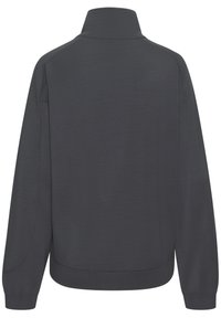 Dark gray sweatshirt with a high collar, ribbed cuffs, and hem. Features a smooth texture and a relaxed fit design.