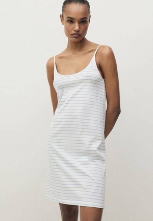 Strap dress in soft white fabric with blue horizontal stripes. Features a scooped neckline and thin shoulder straps. Simple, fitted design.