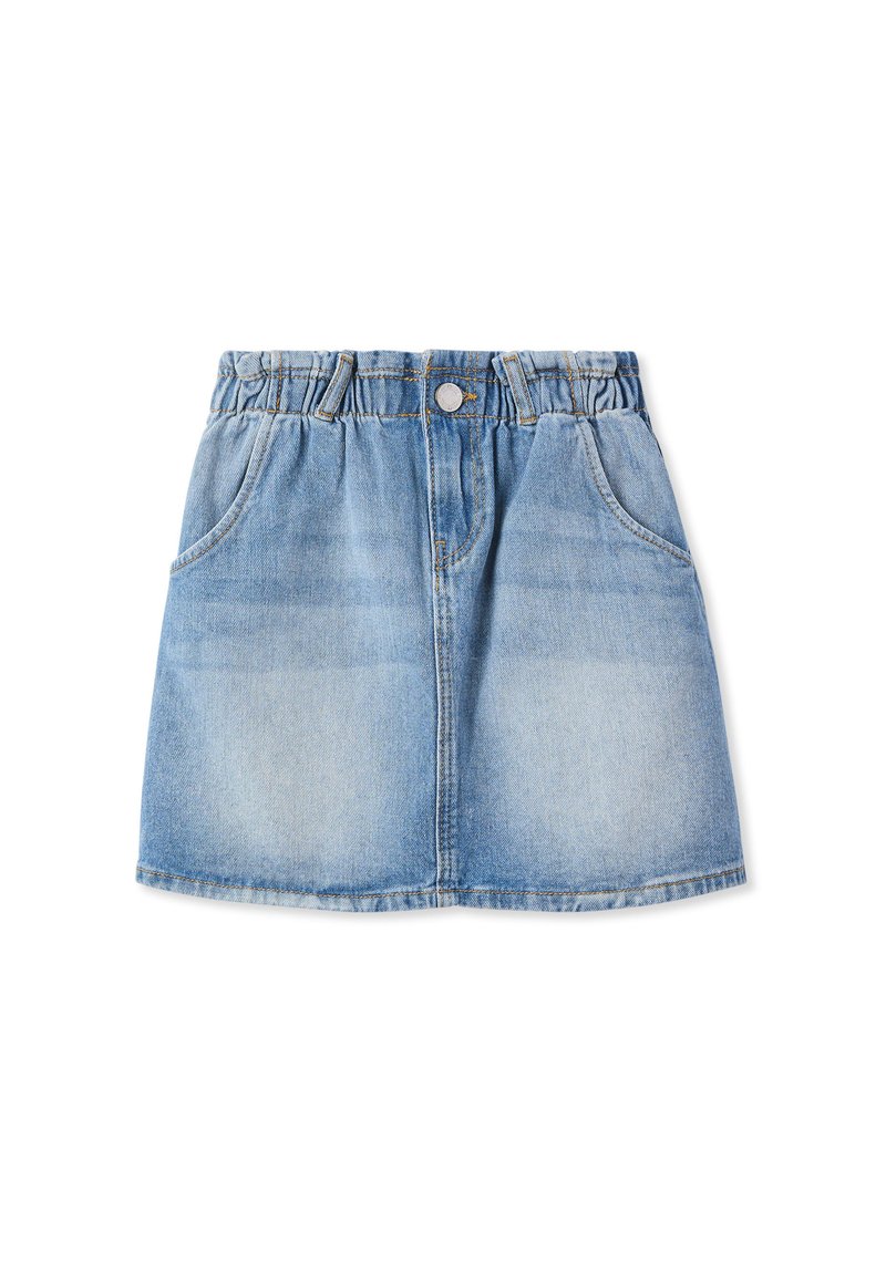 Gonna in denim con elastico in vita, dotata di due tasche laterali, di colore azzurro chiaro e con una leggera scoloritura per un look informale.