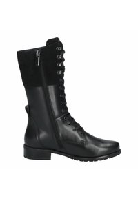 Botte noire en cuir et suède montant jusqu'au genou, avec un devant à lacets, une fermeture éclair et un petit talon bloc. Texture lisse avec des accents métalliques.
