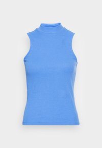 Ljusblå ärmlös polokrage-top, räfflad textur, åtsittande design och släta kanter. Inga synliga mönster eller hårdvarudetaljer.