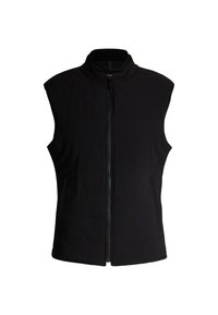 Schwarze ärmellose Weste aus gepolstertem Stoff. Sie verfügt über einen hohen Kragen und einen Front-Reißverschluss, hat zwei Seitentaschen und dezente horizontale Nähte.