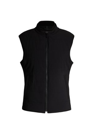 Schwarze ärmellose Weste aus gepolstertem Stoff. Sie verfügt über einen hohen Kragen und einen Front-Reißverschluss, hat zwei Seitentaschen und dezente horizontale Nähte.