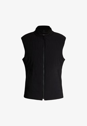 Schwarze ärmellose Weste aus gepolstertem Stoff. Sie verfügt über einen hohen Kragen und einen Front-Reißverschluss, hat zwei Seitentaschen und dezente horizontale Nähte.