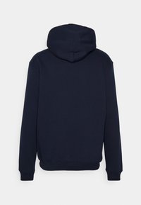 Sweat à capuche bleu marine vu de dos avec manches longues et poignets et ourlet côtelés.