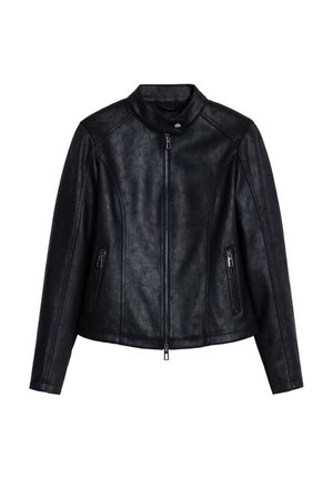 Schwarze Lederjacke mit hohem Kragen, frontaler Reißverschluss und zwei seitlichen Reißverschlusstaschen. Hat eine glatte Textur und ein strukturiertes Design.