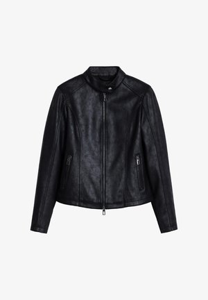 Čierna kožená bunda s vysokým golierom, predným zipsom a dvoma bočnými vreckami na zips. Vyznačuje sa hladkou textúrou a štruktúrovaným dizajnom.